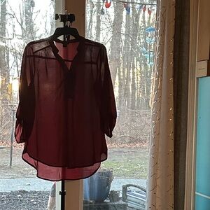 Rue21 Sheer Burgundy V-Neck Long Sleeve Blouse